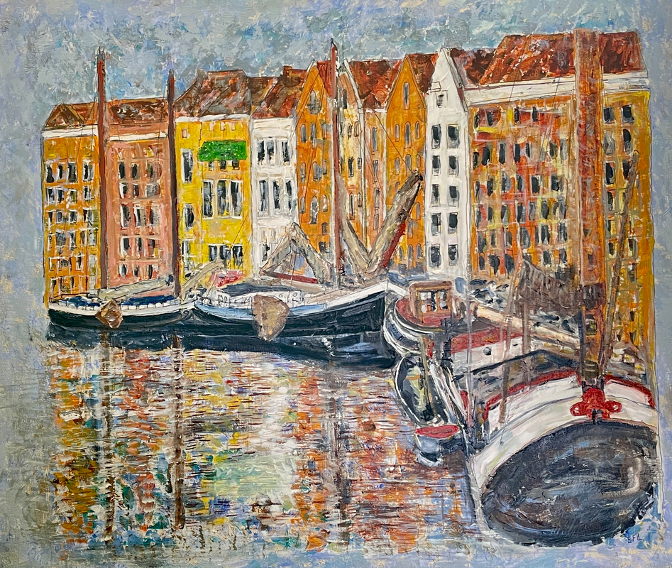 Haven in Kopenhagen 60x50 cm canvas olieverf
