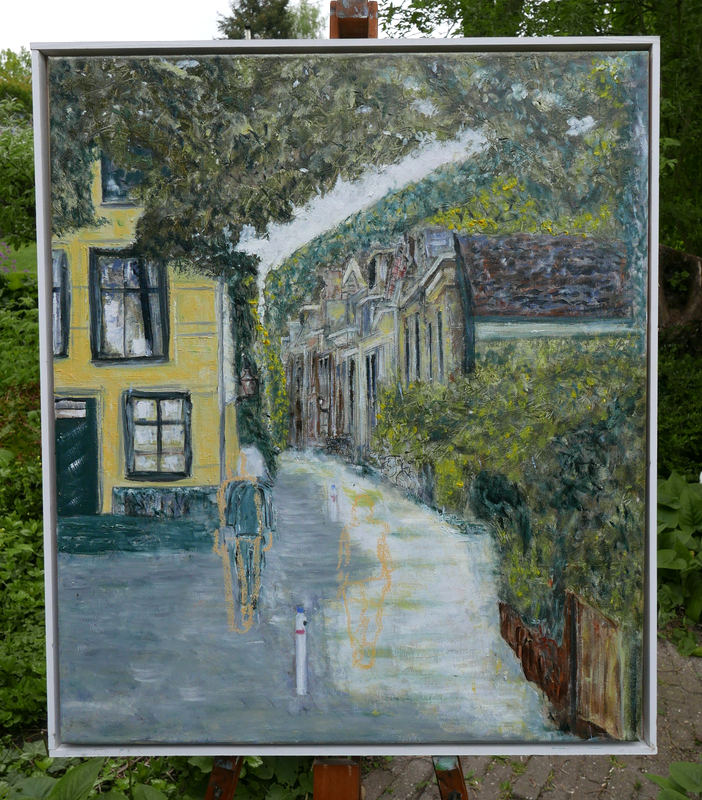 Leiden Groenesteeg 60x70 cm canvas olieverf werk in uitvoering